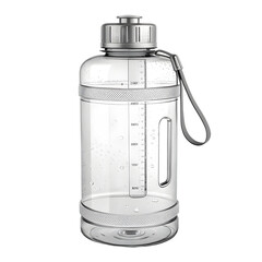 Clear plastic water bottle with measurement markings and strap