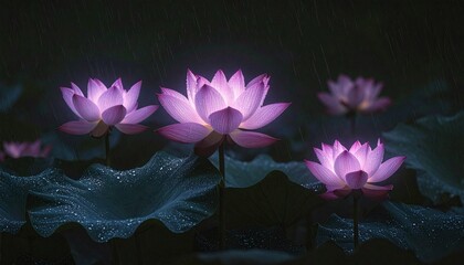 A tranquil scene of luminous pink lotus flowers blooming magically in the serene darkness of a night pond