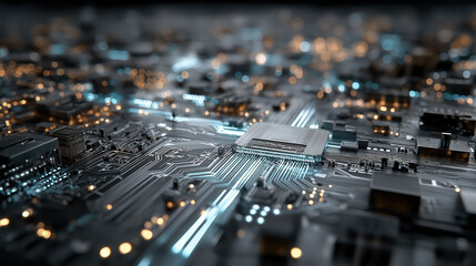 High-tech circuit board chip with blue light lines close-up, warm yellow light points electronic components technology futurism scene