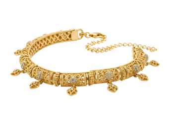 A richly detailed gold bracelet, adorned with intricate filigree patterns and sparkling small diamonds, is presented against a striking black backdrop.