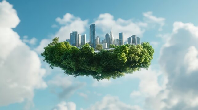 Whimsical floating city nestled among lush greenery against a cloudy azure sky