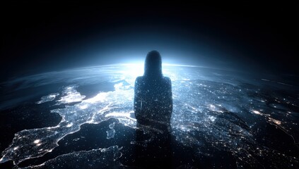 Woman Silhouette Standing on Earth Globe, Digital Composite, Conceptual Image of Connectivity and Global Presence