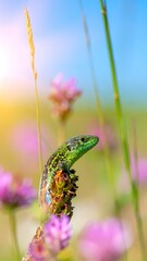 A vibrant green lizard perched atop a flower stalk