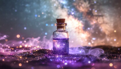  A glowing miniature vial floats magically in the depths of cosmic space.