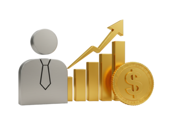 Isolated investment growth concept with businessperson, chart and gold dollar coin object