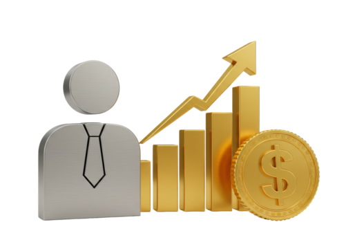 Isolated investment growth concept with businessperson, chart and gold dollar coin object