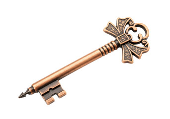 Isolated Decorative Ornamental Key in Copper Tone, Vintage, Antique, Fancy, and Ornate