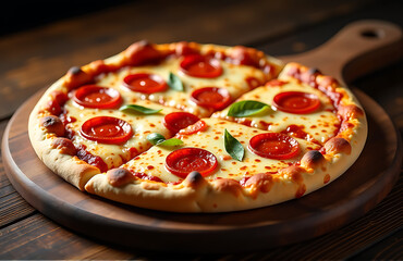 mouthwatering pepperoni pizza lies weathered wooden cutting board illuminated soft overhead studio lights accentuate gooey