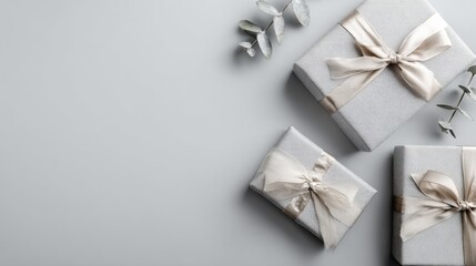 Elegant Gift Boxes with Neutral Ribbons and Eucalyptus Sprigs on a Soft Gray Background