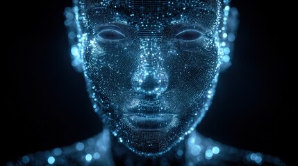 Abstract Digital Human Face with Glowing Particles: High-Tech Futuristic AI Concept