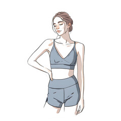 Fashion illustration of a young woman wearing a grey sports bra and matching shorts posing confidently with one hand on her hip against a stark black background