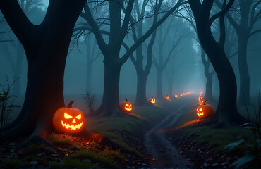 misty forest glows eerie luminescence rows intricately carved embedded trunks cast warm golden light