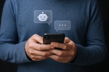 Person using mobile phone with chatbot assistant, showcasing AI technology and virtual communication, dark background