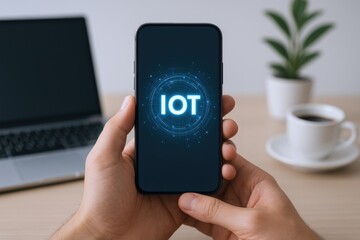 Man Holding Smartphone Displaying IOT Technology, Connecting Devices and Data for a Smart Future