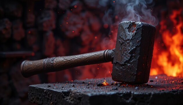 Blacksmith's Heavy Hammer Resting on Anvil with Fire in the Background
