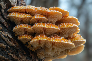 Cluster of orange mushrooms growing on a tree.