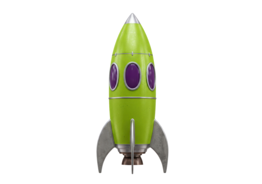 Isolated vintage green rocket ship, cartoon retro spacecraft, space exploration fantasy