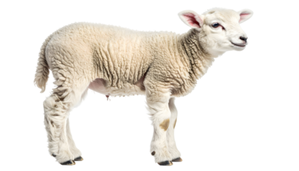 A young lamb standing and looking to the side isolated on transparent background