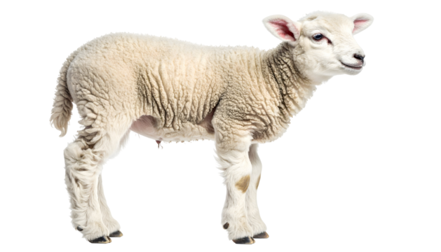 A young lamb standing and looking to the side isolated on transparent background