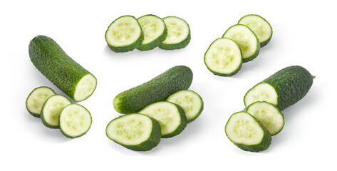 Cucumber and slices of cucumber isolated on white background. Set of cucumbers.