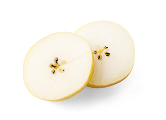 Round slices of the pear isolated. Sliced pear on white. Top view.