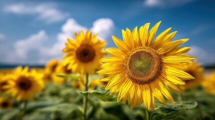 Fototapeta premium Vibrant Sunflowers Blooming in a Field Under a Sunny Blue Sky, Celebrating Summer's Beauty and Abundance