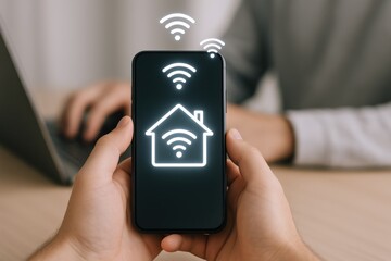 Hands Holding Smartphone Displaying Smart Home Wi-Fi Connection, Featuring Digital Modern Technology, and Wireless Internet