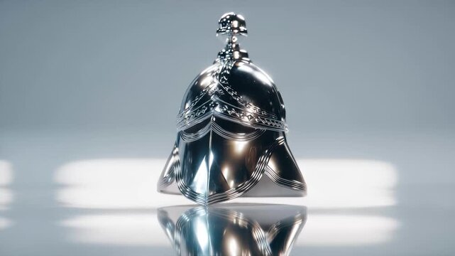 Metal helmet on a table. Medieval helmet with chrome reflective visor. Armor of a warrior with polished armor. A helmet made of metal placed on a table lifestyle.