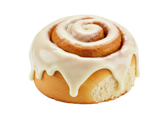 Isolated sweet cinnamon roll with cream cheese icing on top, partially eaten, pastry item