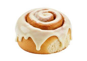 Isolated sweet cinnamon roll with cream cheese icing on top, partially eaten, pastry item