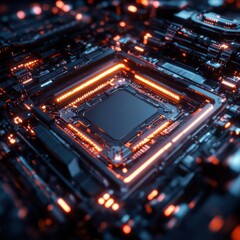 Obraz premium Complex electronic motherboard radiating digital illumination and technological power