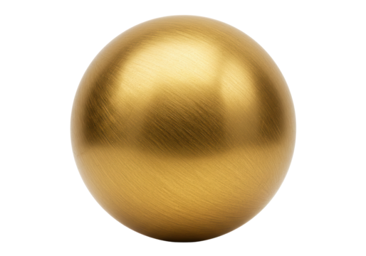 Isolated gold metal sphere object with shiny reflective brushed texture surface art design