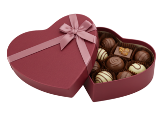 Isolated Valentines Day heart-shaped box of assorted chocolates, pink bow, for love giving