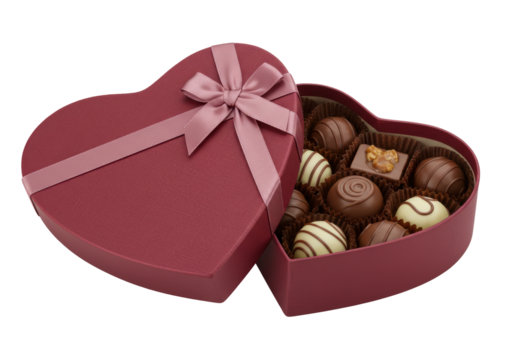 Isolated Valentines Day heart-shaped box of assorted chocolates, pink bow, for love giving - Powered by Adobe