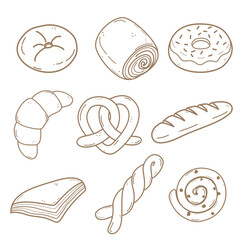 Set of hand drawn bakery goods, line art style.