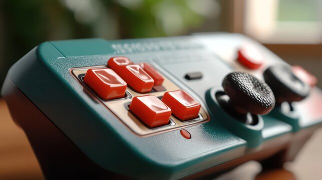 Nostalgic gaming device showcasing a retro gamepad with vibrant red buttons and textured joysticks
