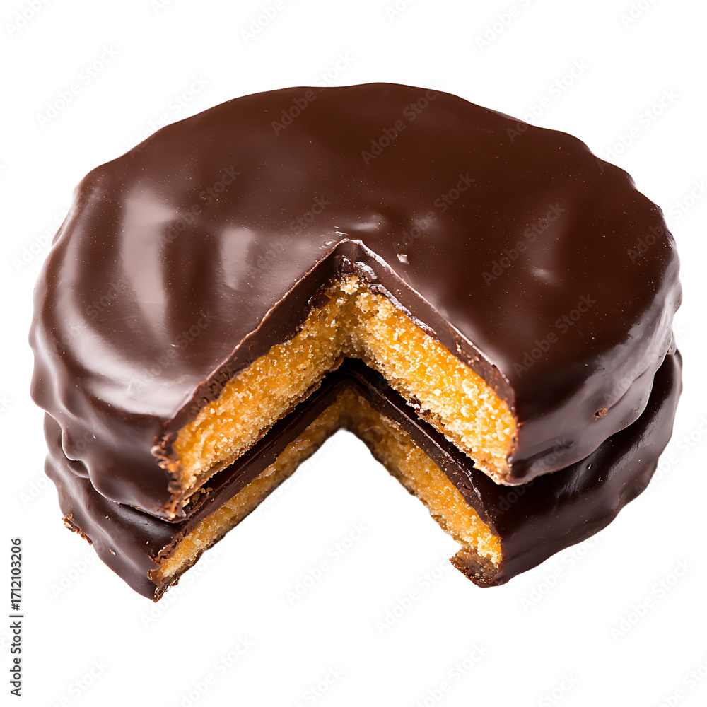 Poster a stack of chocolate - covered round cookies with a slice taken out exposing the orange filling they