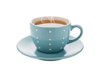 Isolated blue ceramic teacup with saucer filled with liquid, with steam swirling above