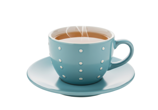Isolated blue ceramic teacup with saucer filled with liquid, with steam swirling above