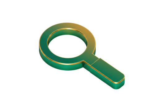 Isolated rendering of a golden-edged green magnifying glass, 3D illustration, object