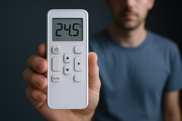 Person Holding a Remote Control for Air Conditioning System, Displaying 24.5 Degrees