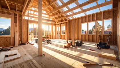 Sunlit residential house framing bathed in golden hour light, a symbol of new beginnings