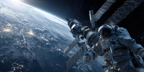 Astronaut in spacesuit floats near space station orbiting Earth, with planet surface and city lights visible below, evoking sense of wonder and exploration