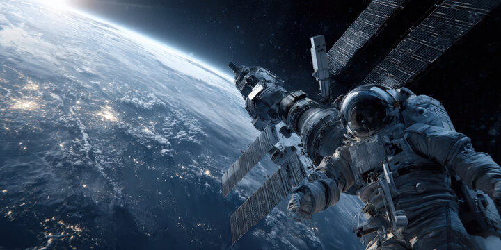 Astronaut in spacesuit floats near space station orbiting Earth, with planet surface and city lights visible below, evoking sense of wonder and exploration