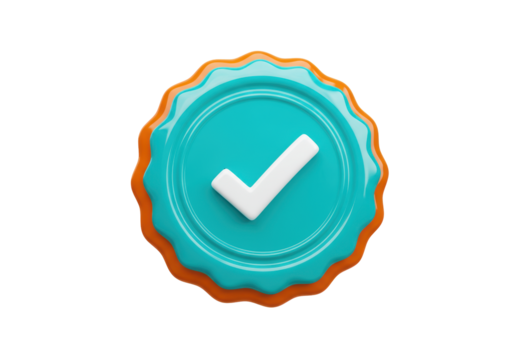 Isolated aqua and orange validation badge with a check mark for product approval status