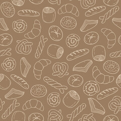 Seamless pattern of bakery goods on dark brown color background