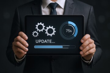 Man in Suit Holding Tablet Showing Software Update Process and Progress Bar in Dark Background