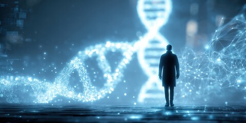 Futuristic Biotechnology: Silhouette of a Person Contemplating a DNA Helix in a Digital Environment