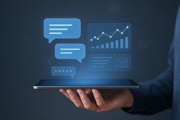 Digital Transformation: Hand Holding Tablet with Data Visualization, Chat Icons, and Business Analytics for Modern Communication