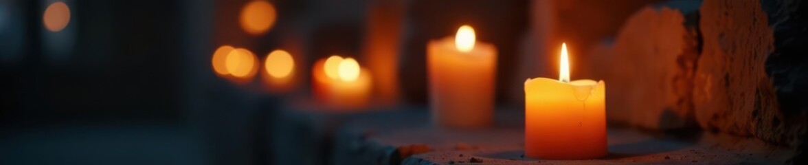 Intense candlelight, blurred background, somber mood All Saints Day tribute , saints, dark